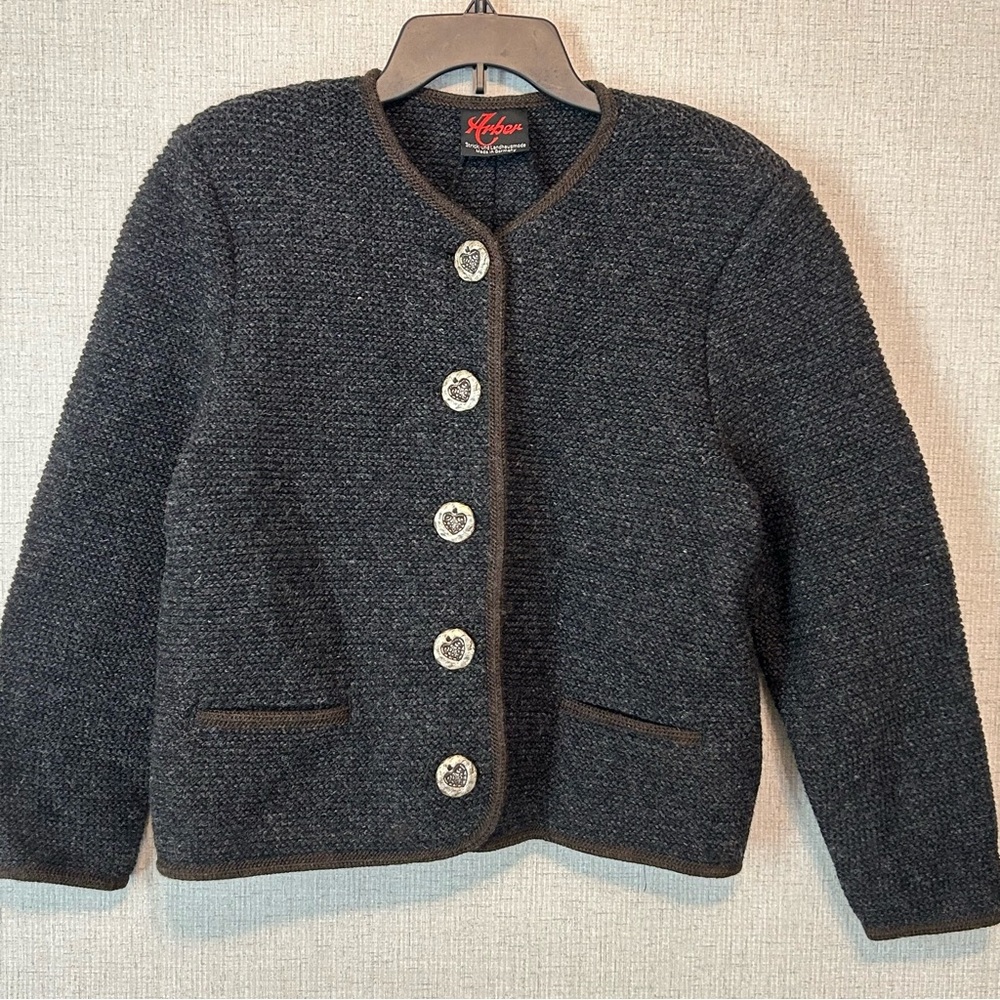 Arber Gray Wool Blazer Textured with Brown Trim and Decorative Buttons 10
